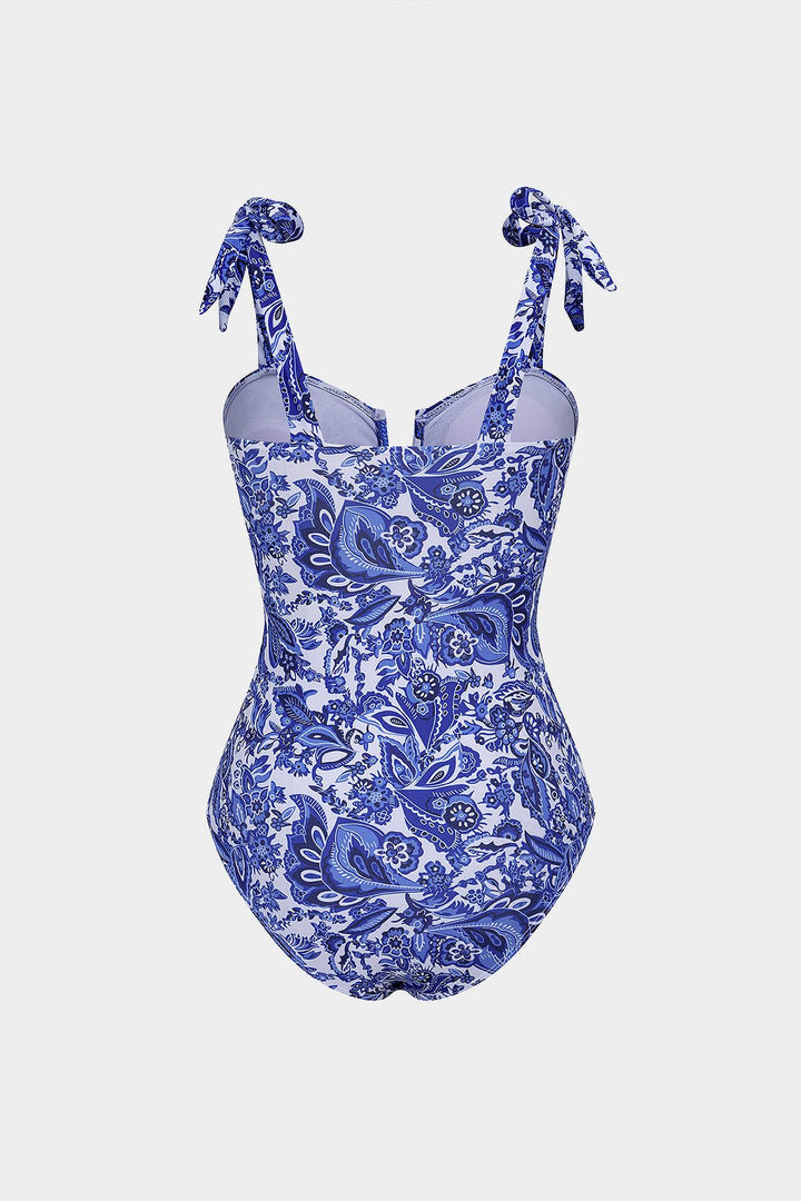 Retro Print V-Neck Tie-Up One-Piece Swimsuit