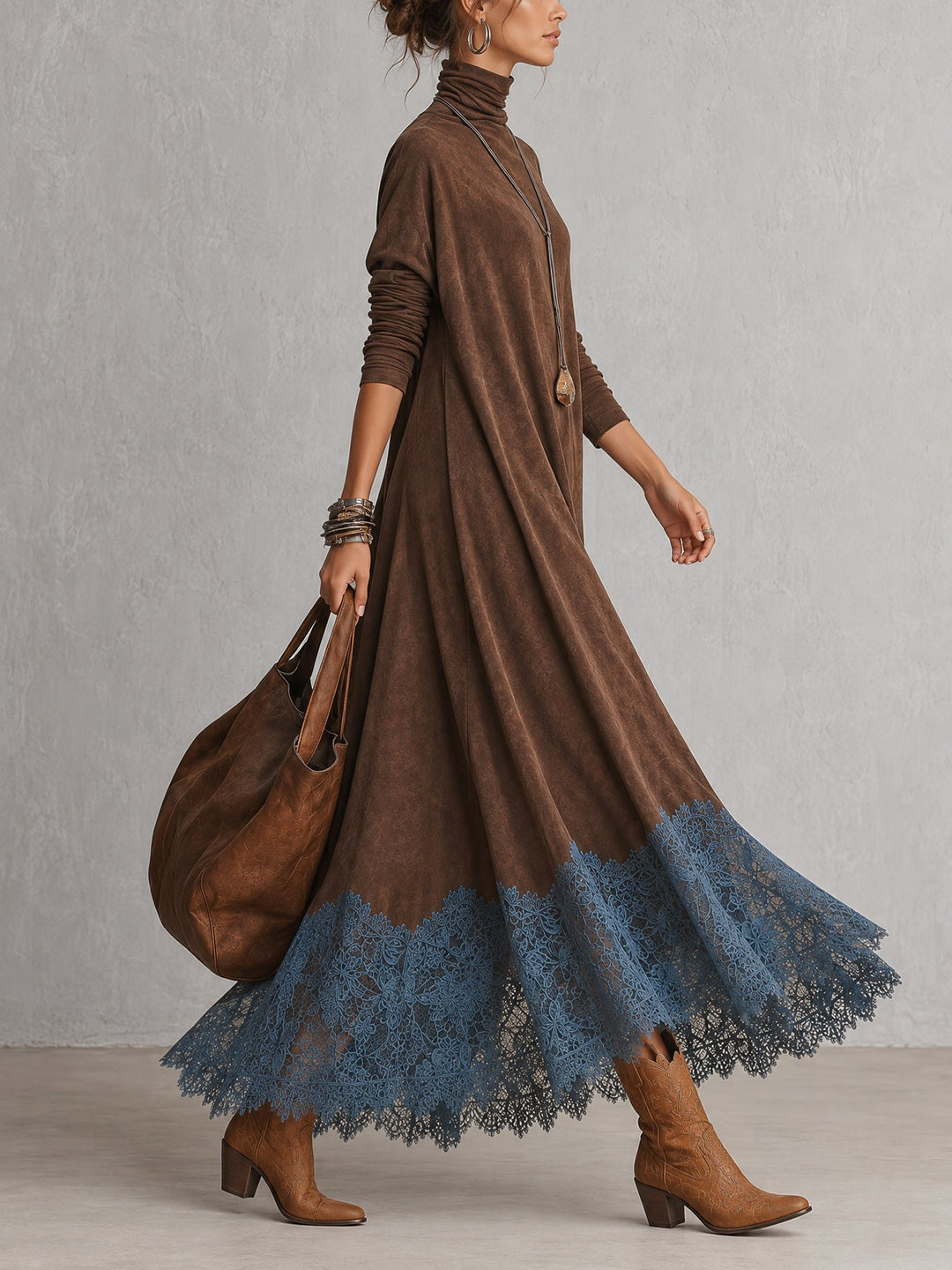 Piera | Long Suede-Effect Dress with Lace Hem