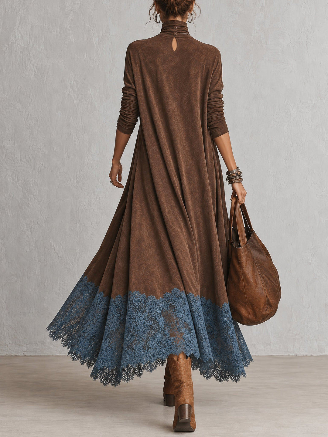 Piera | Long Suede-Effect Dress with Lace Hem