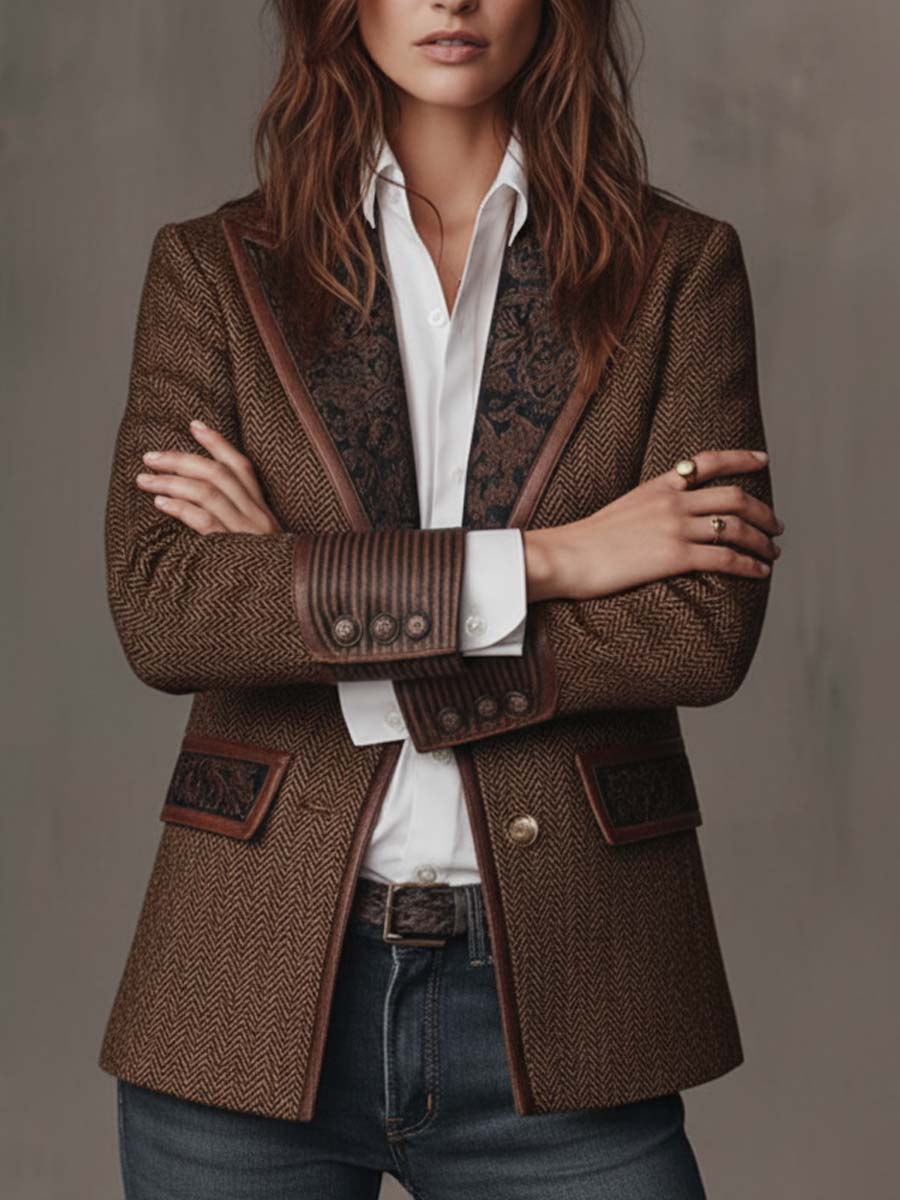 Francesca | Herringbone Blazer with Printed Inserts