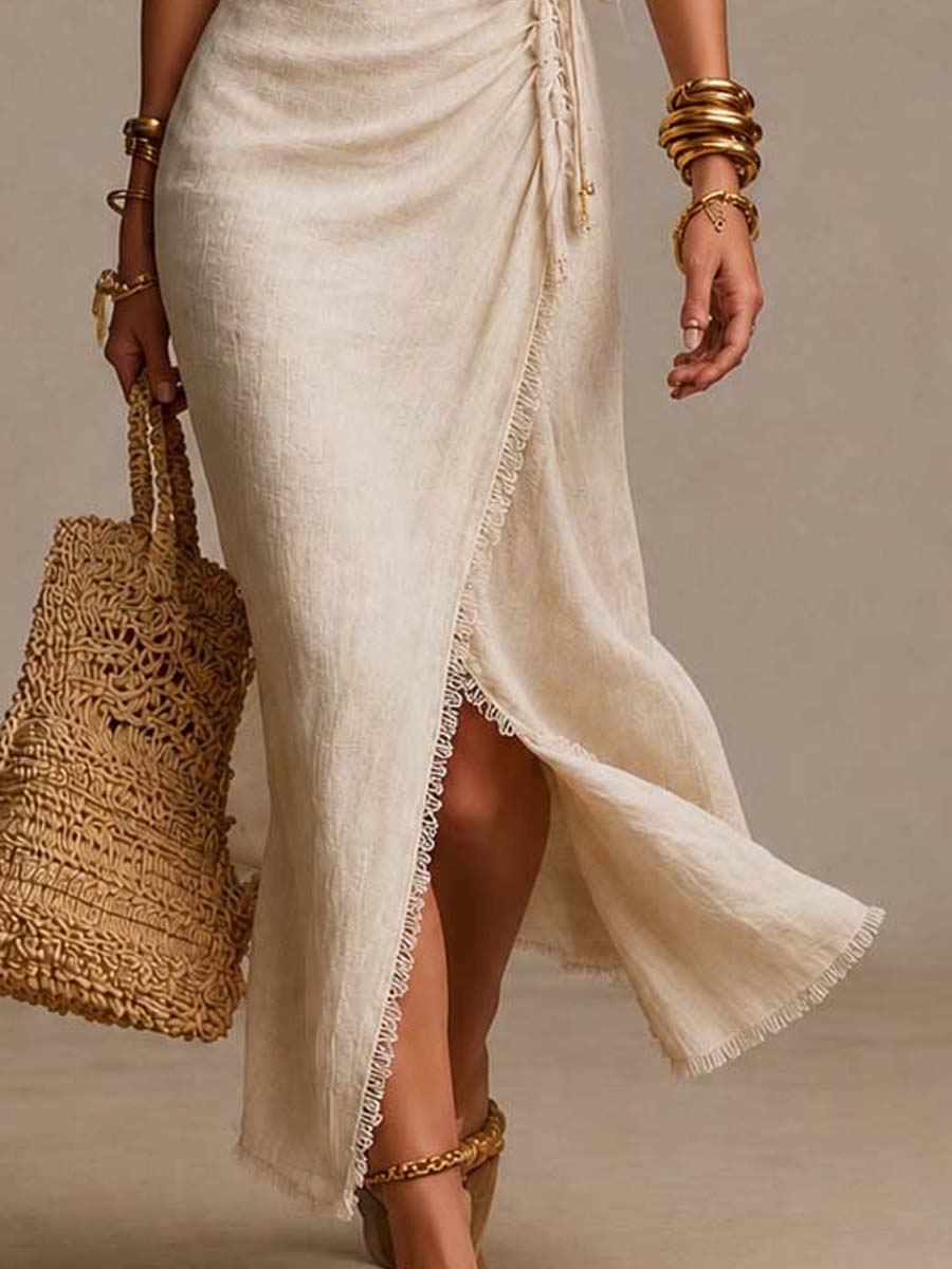Marina · Lace-Trimmed Linen Wrap Midi Dress