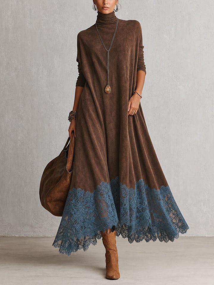 Piera | Long Suede-Effect Dress with Lace Hem