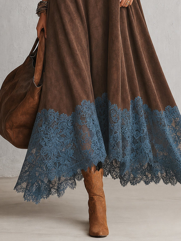 Piera | Long Suede-Effect Dress with Lace Hem