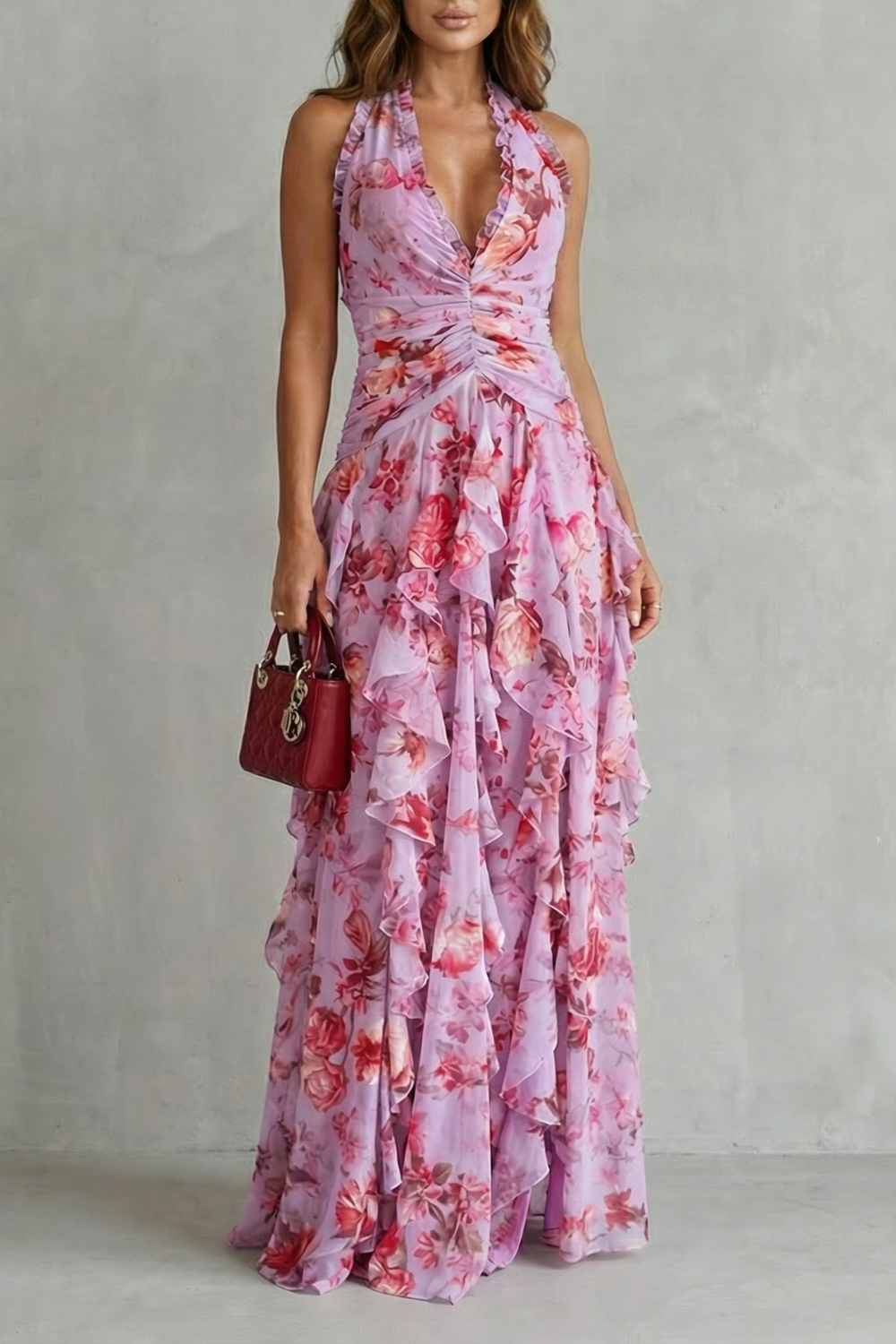Belladina Rose Cascade Halter Maxi Dress - Pink
