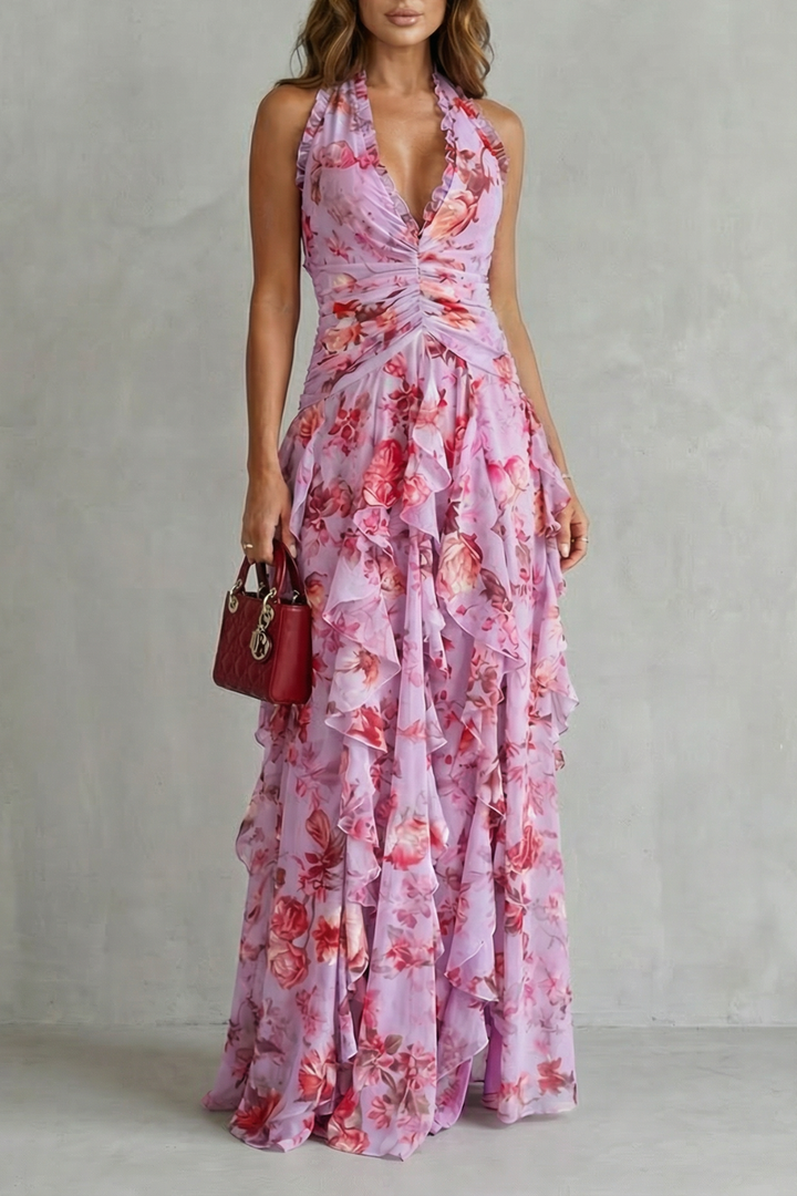 Belladina Rose Cascade Halter Maxi Dress - Pink