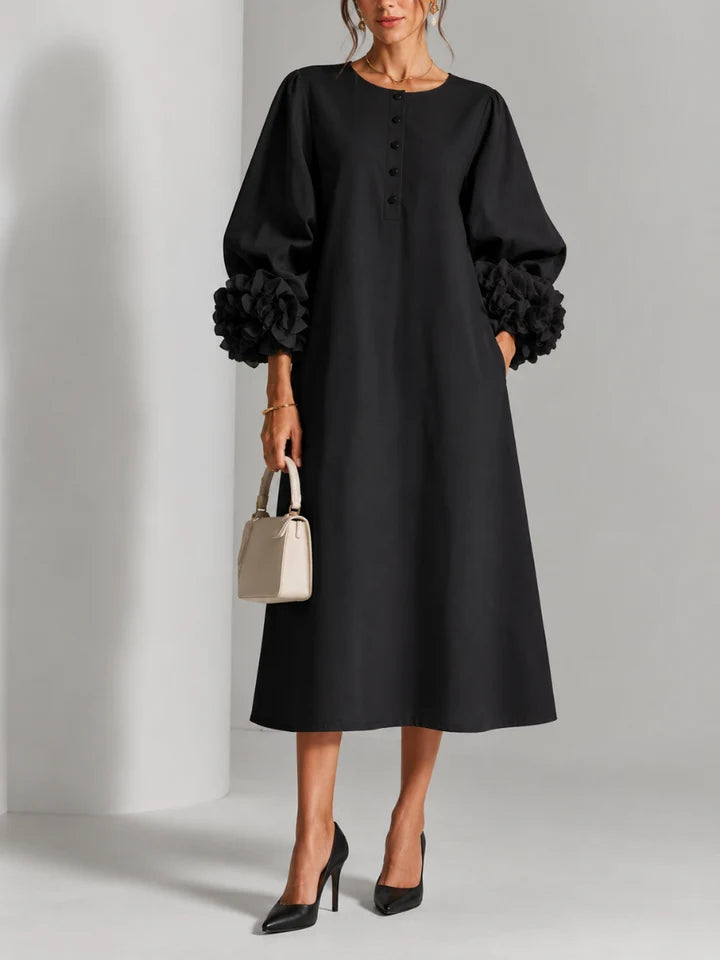 Liliana Elegant Floral Midi Dress - Black