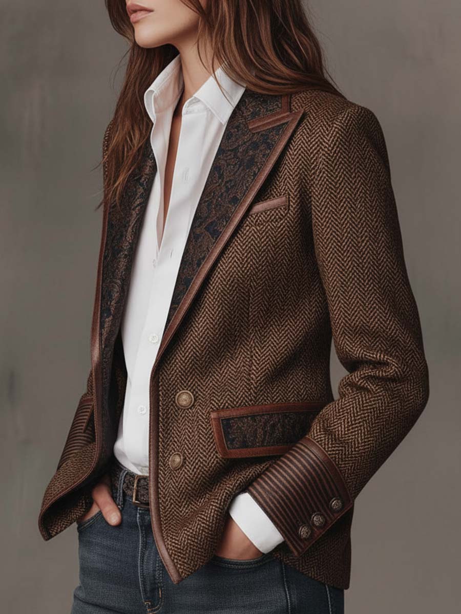 Francesca | Herringbone Blazer with Printed Inserts