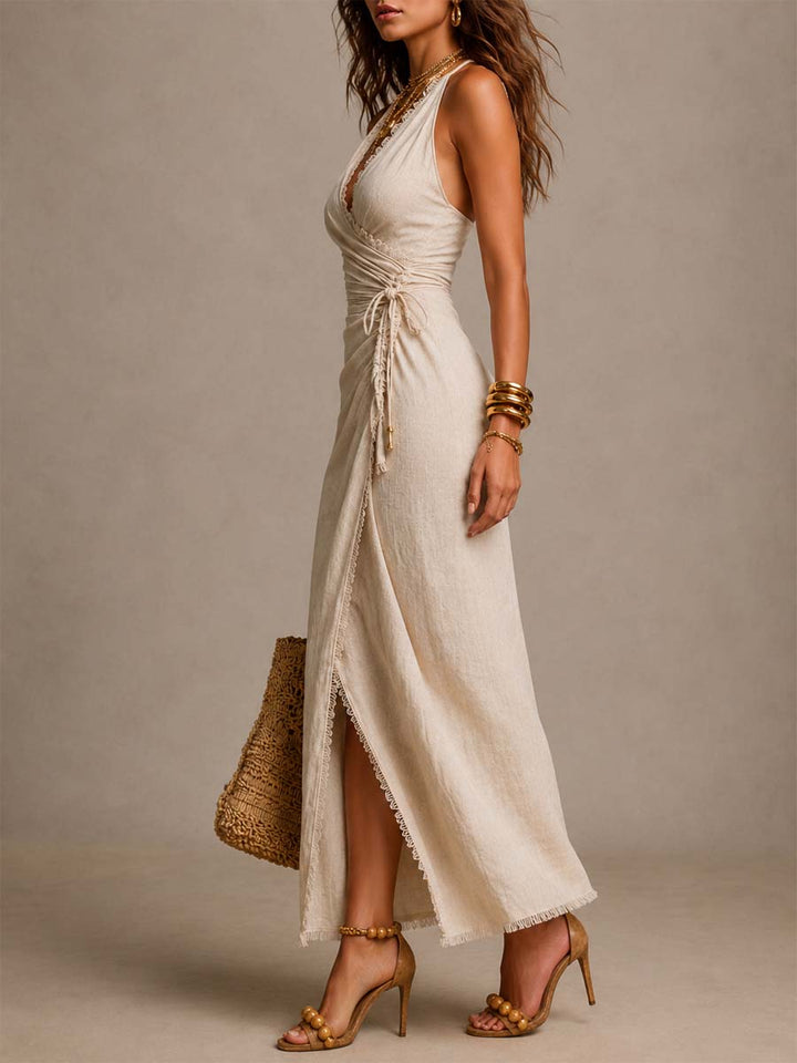 Marina · Lace-Trimmed Linen Wrap Midi Dress