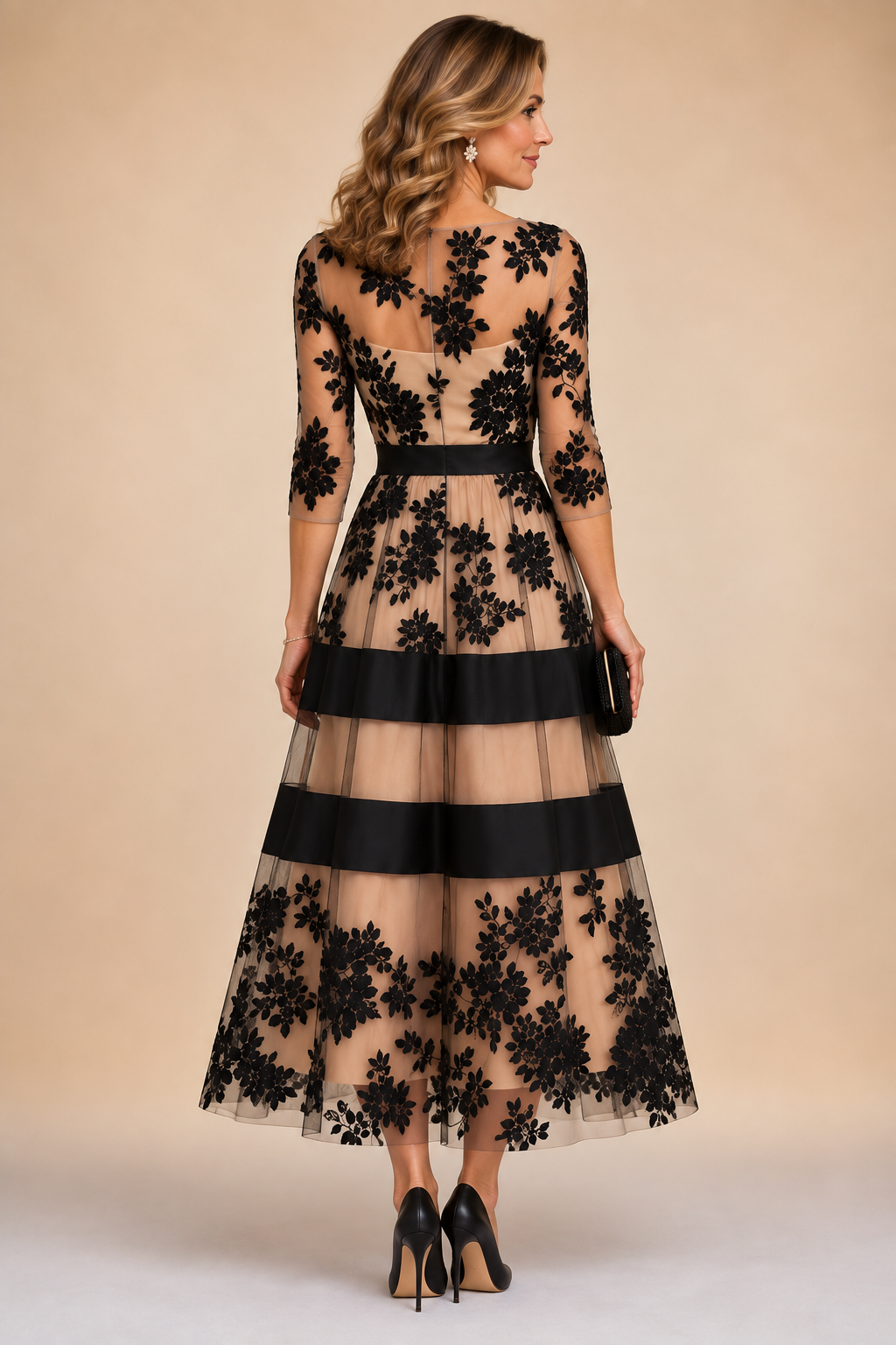 Adeline | Floral Lace Midi Evening Dress