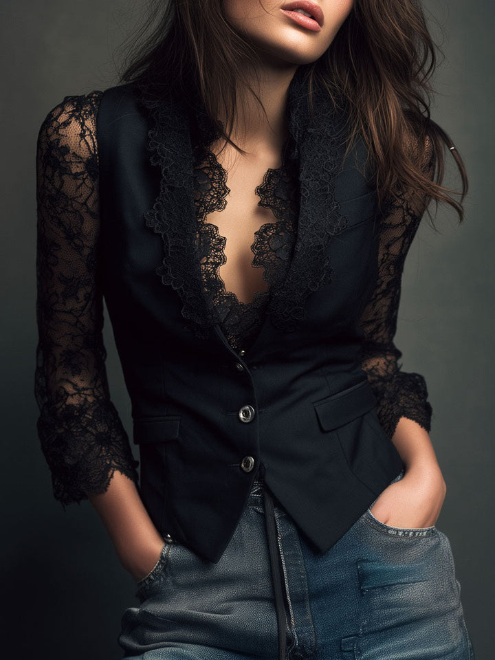 Vittoria | Blazer with Semi-Sheer Lace Sleeves