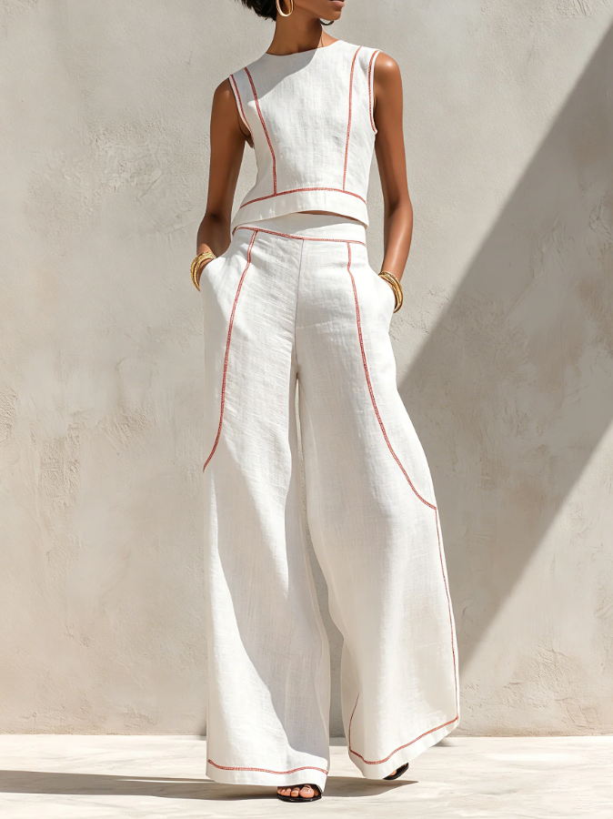Vittoria | White Sleeveless Top & Wide-Leg Pants Set