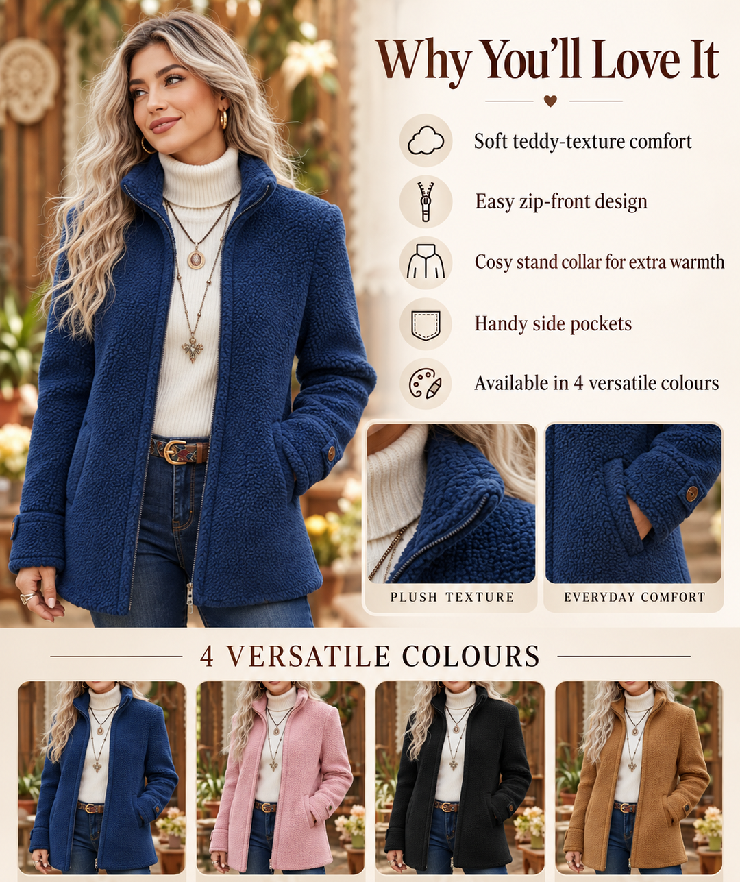 Women's Fleece Jacket with Stand Collar and Zip Front