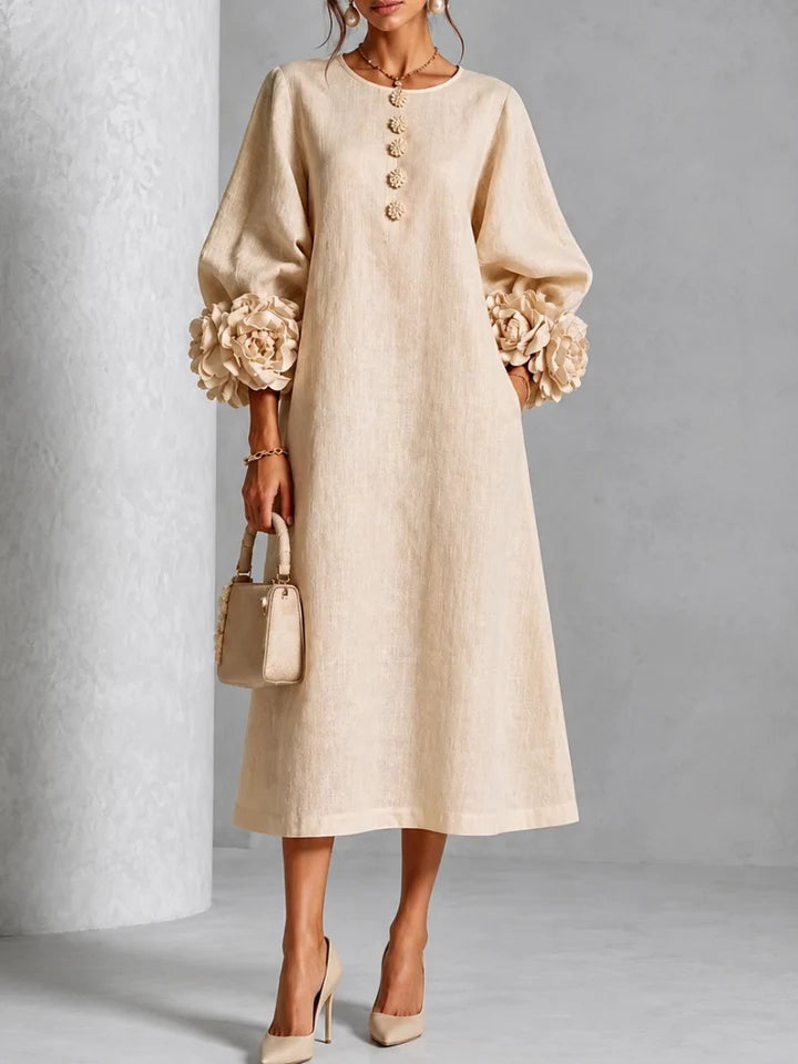 Liliana Elegant Floral Midi Dress - Beige