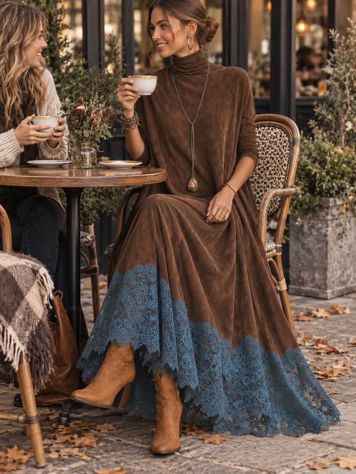 Piera | Long Suede-Effect Dress with Lace Hem