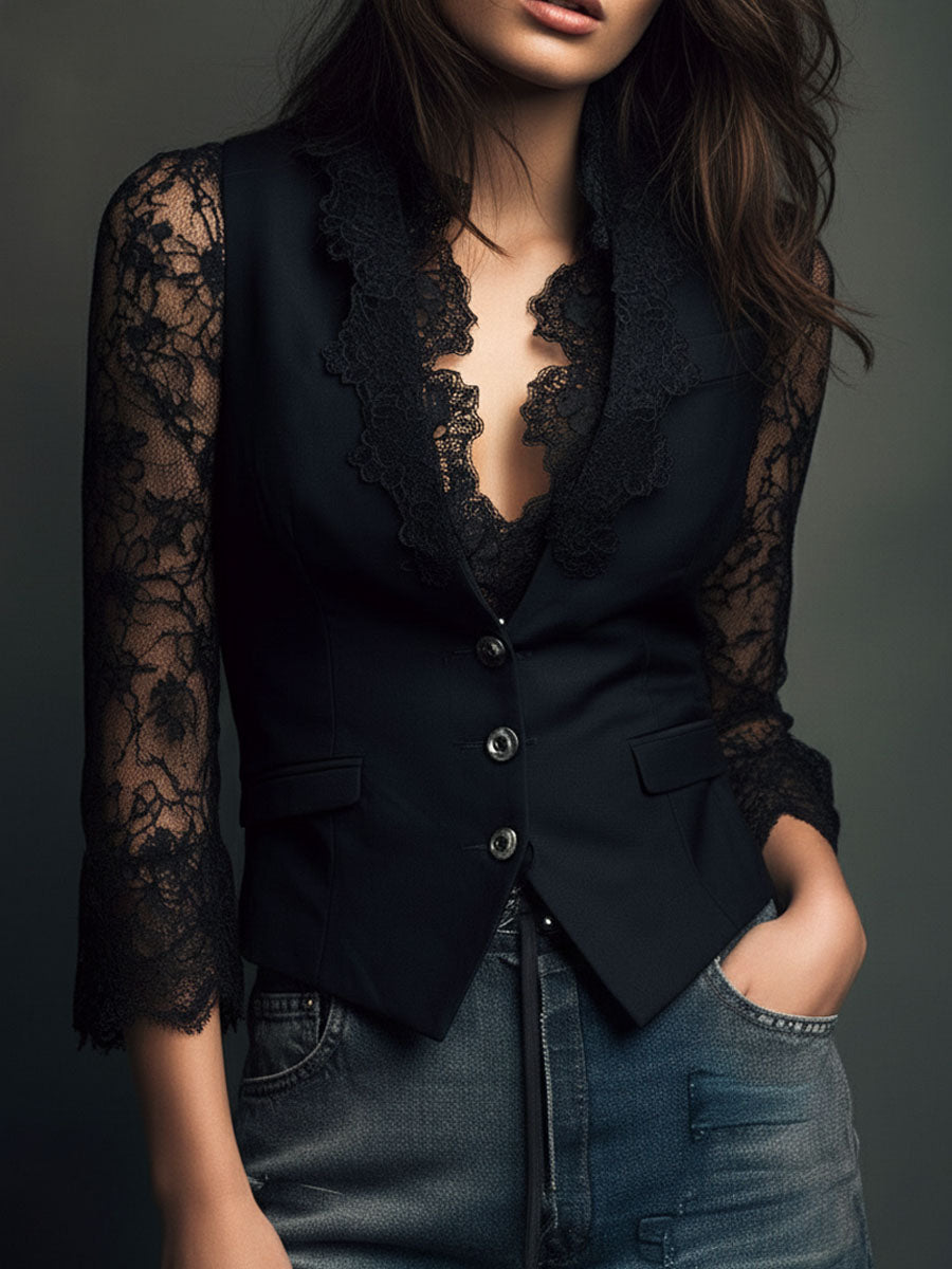 Vittoria | Blazer with Semi-Sheer Lace Sleeves