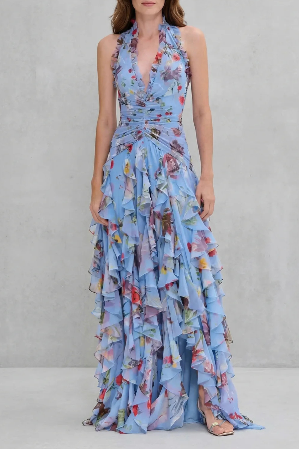 Belladina Rose Cascade Halter Maxi Dress - Blue