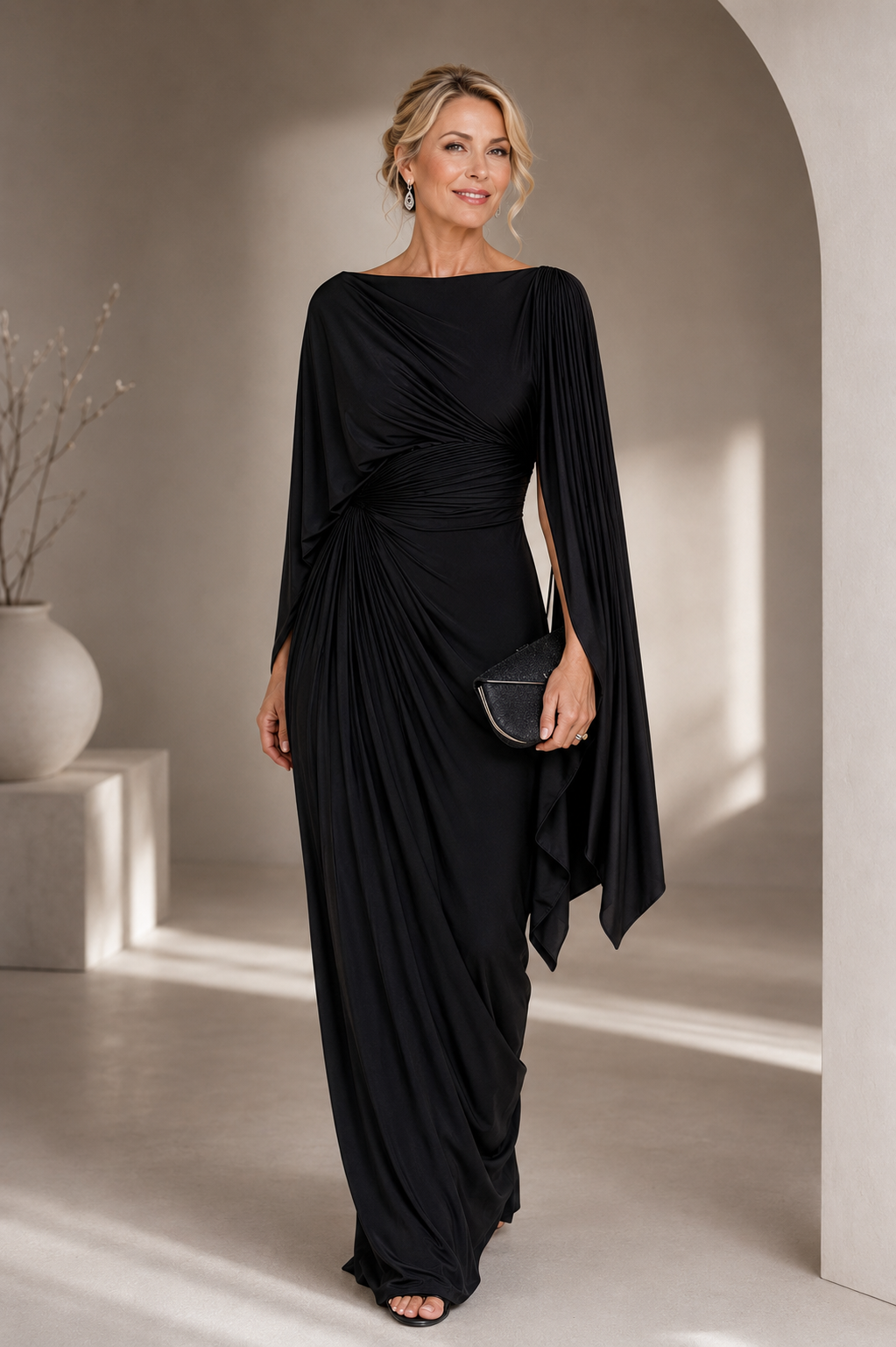 Annisa | Cape-Sleeve Maxi Dress with Ruched Waist