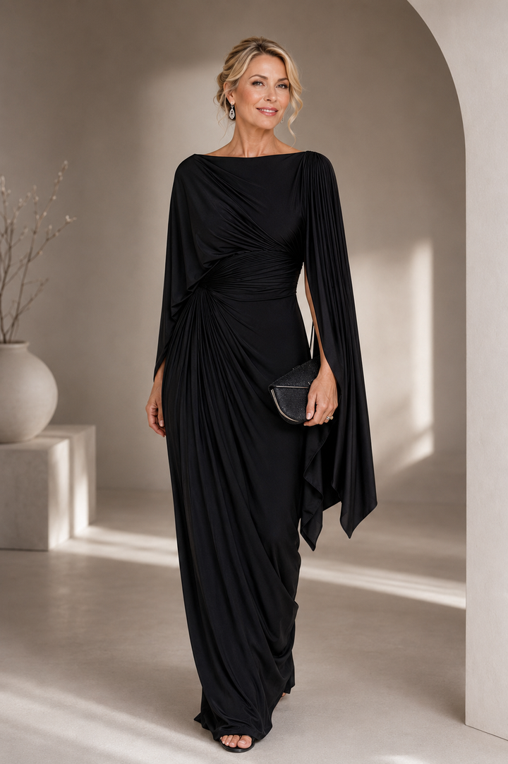 Annisa | Cape-Sleeve Maxi Dress with Ruched Waist