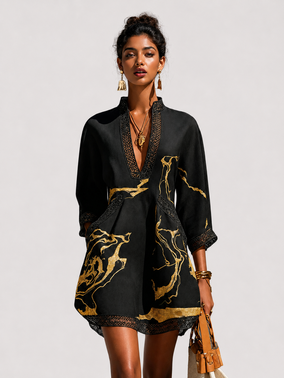 Donatella | Black Mini Dress with Gold Marble Print and Crochet Lace