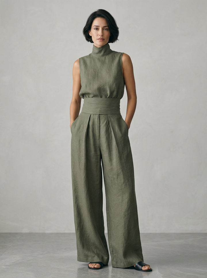 Lynette | High-Neck Cotton Top & Wide-Leg Trouser Set