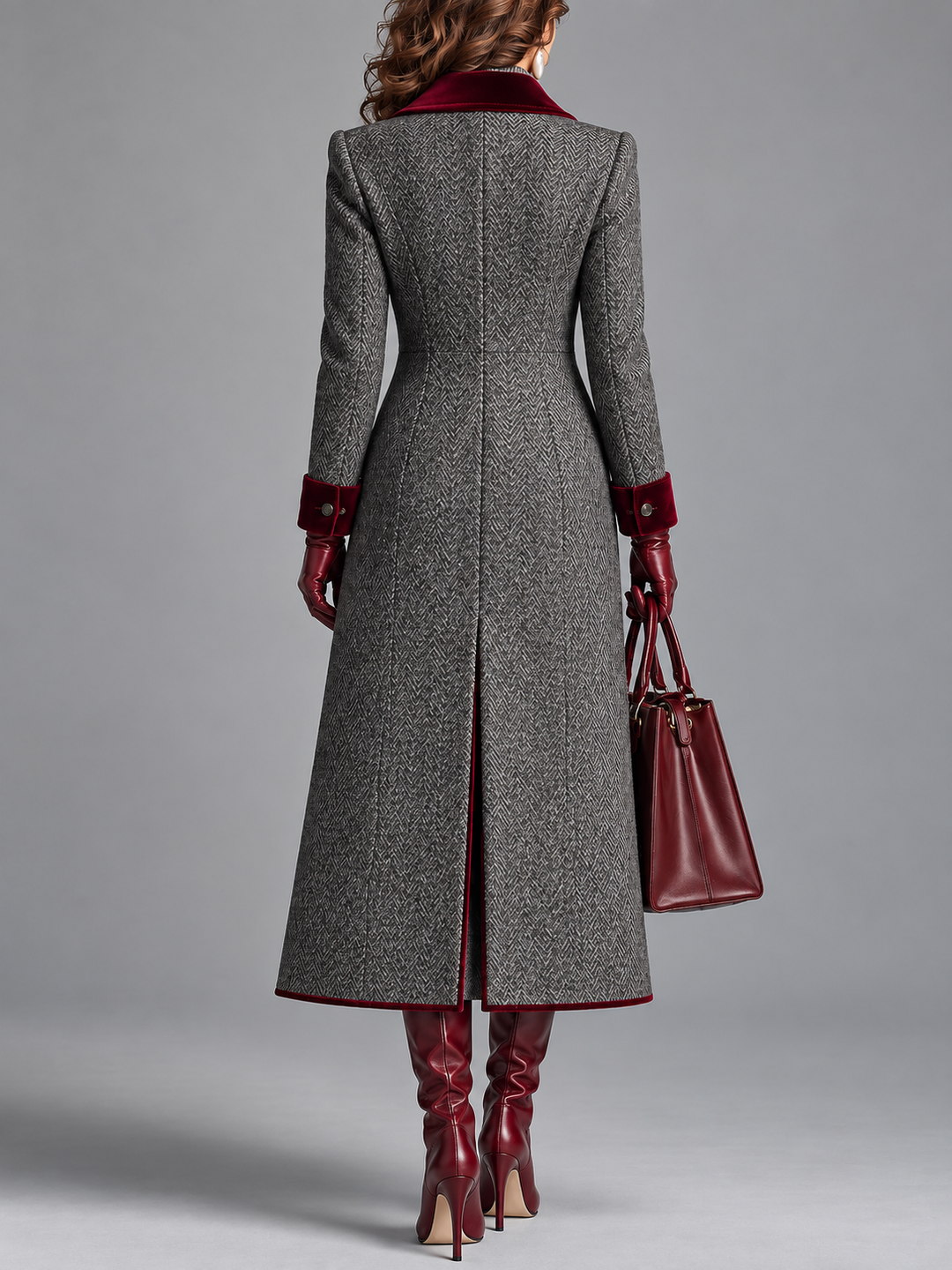 The Heritage | Elegant Herringbone Wool Long Coat with Velvet Trim