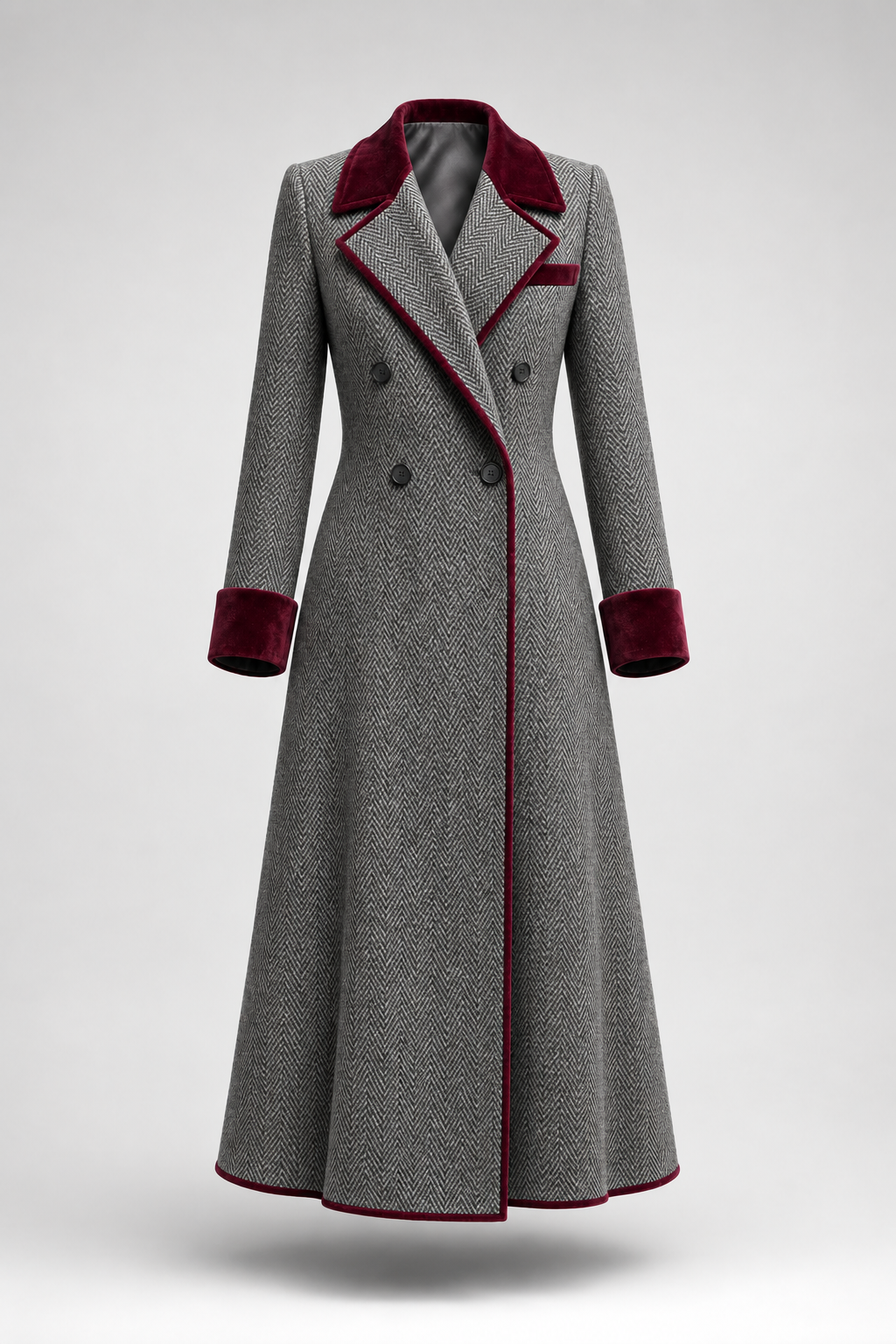 The Heritage | Elegant Herringbone Wool Long Coat with Velvet Trim