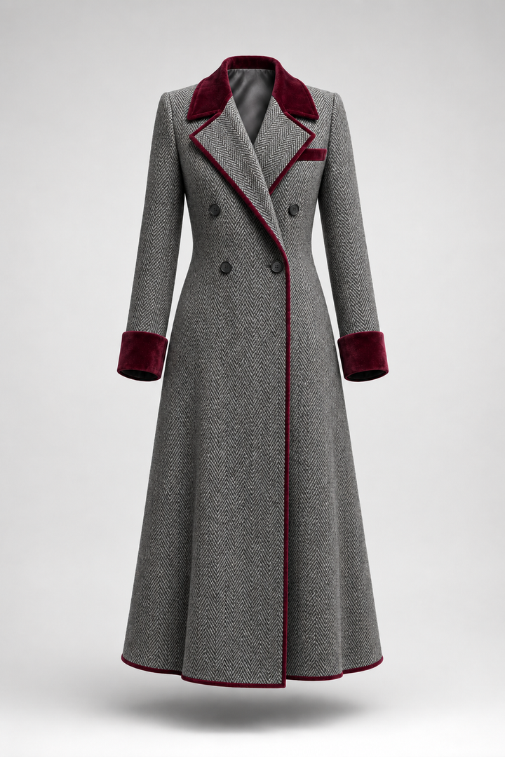 The Heritage | Elegant Herringbone Wool Long Coat with Velvet Trim