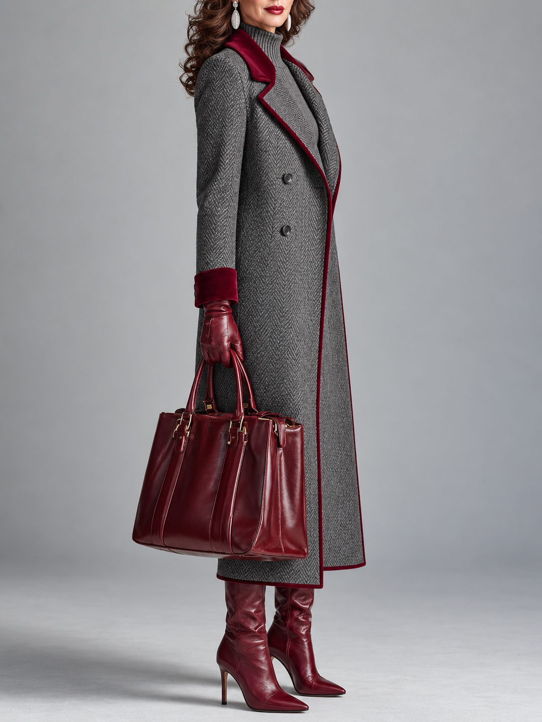 The Heritage | Elegant Herringbone Wool Long Coat with Velvet Trim