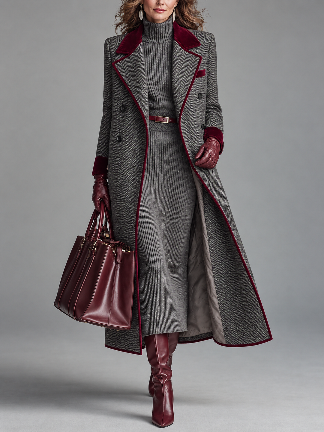 The Heritage | Elegant Herringbone Wool Long Coat with Velvet Trim