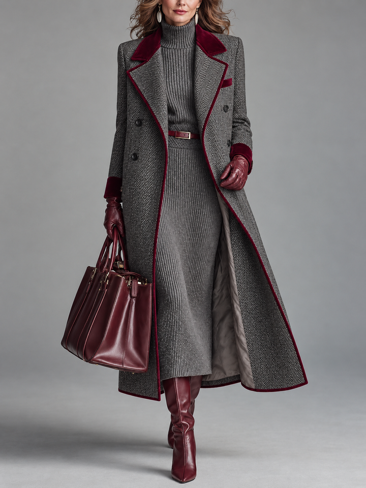 The Heritage | Elegant Herringbone Wool Long Coat with Velvet Trim