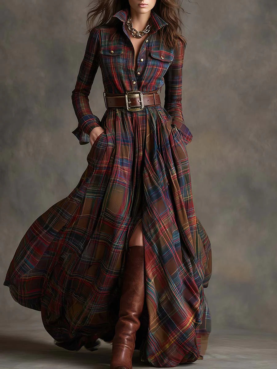 Retro Lapel Plaid Maxi Dress