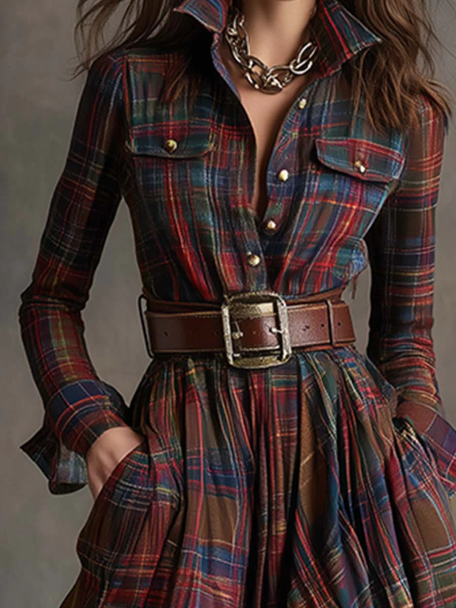 Retro Lapel Plaid Maxi Dress