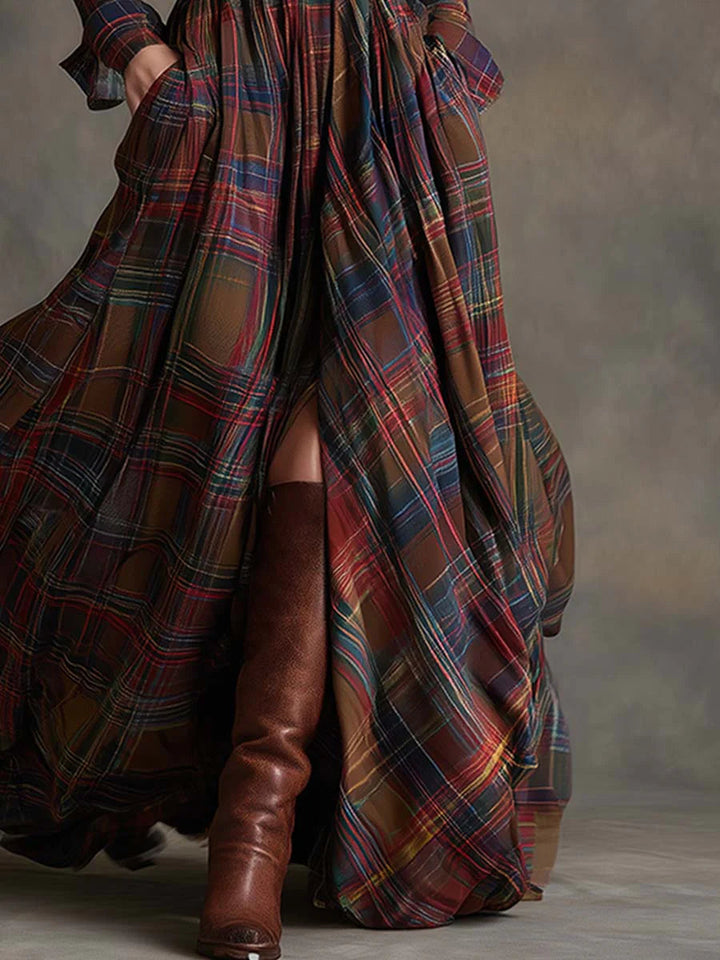 Retro Lapel Plaid Maxi Dress
