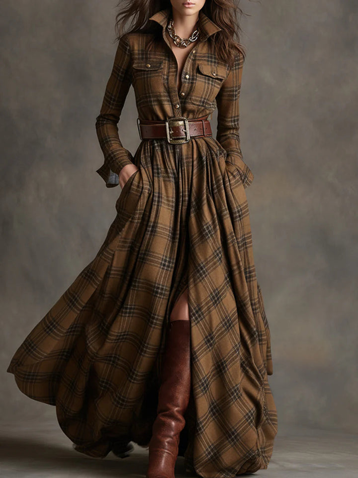 Retro Lapel Plaid Maxi Dress
