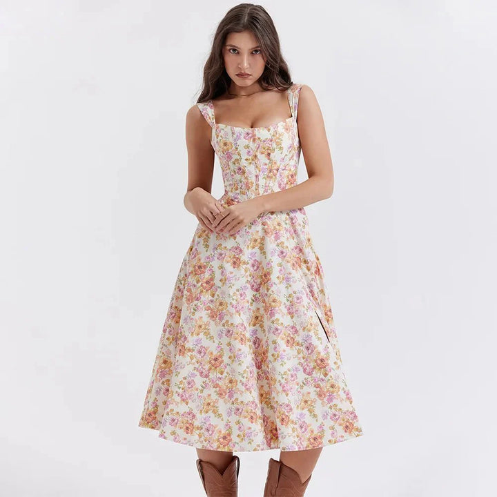 Mira Floral Midi Dress | Cotton, Corset-Inspired, High Slit, Wedding Guest & Summer Dresses