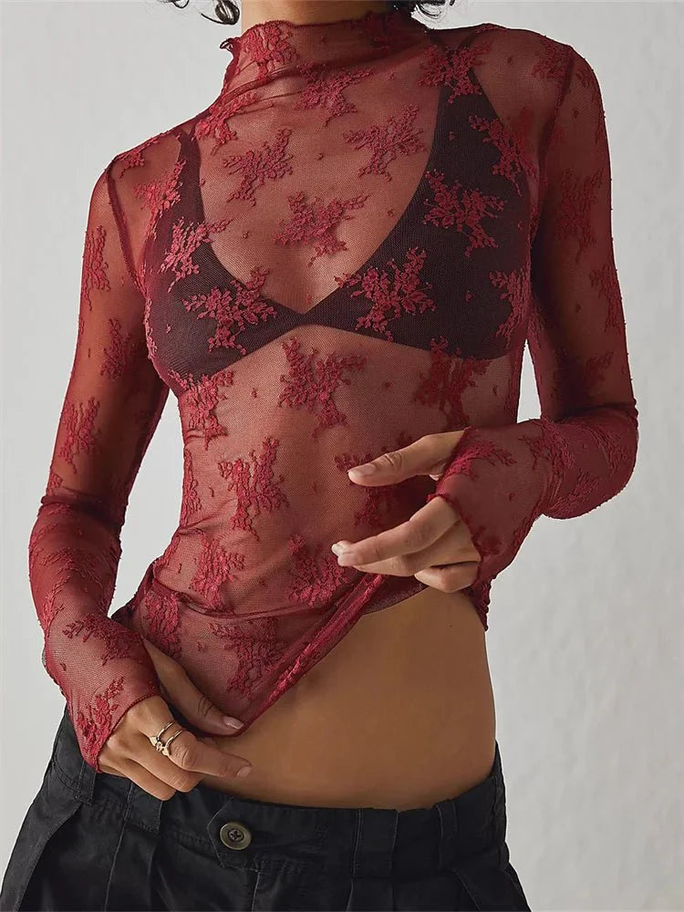Liana Floral Lace Top featuring a high-neck and intricate mesh design, perfect for a stylish and elegant look. - 2