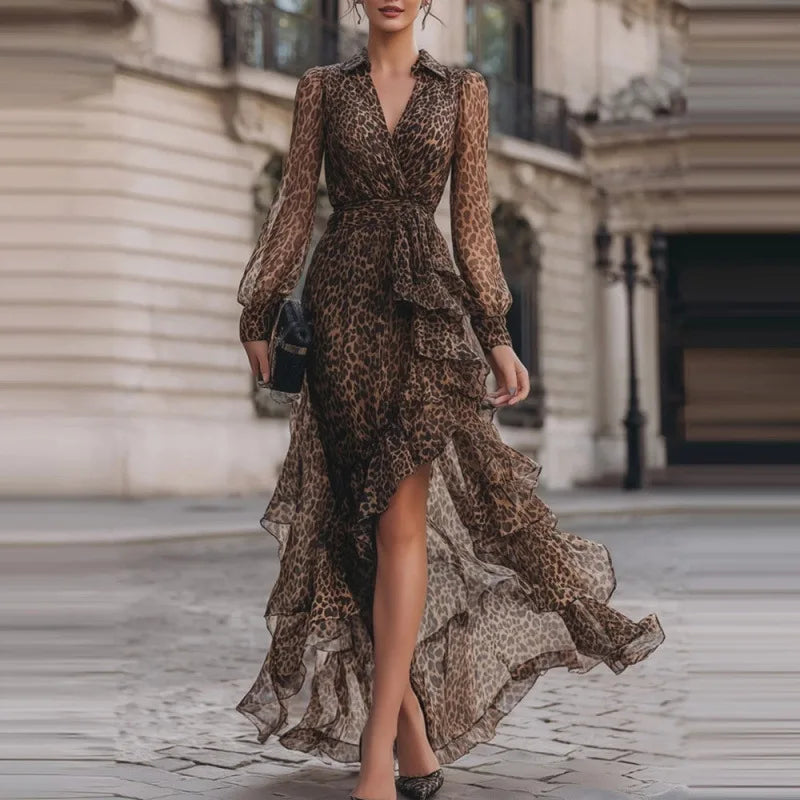 Savannah | Leopard Print Maxi Dress with Long Sleeves and High Waist