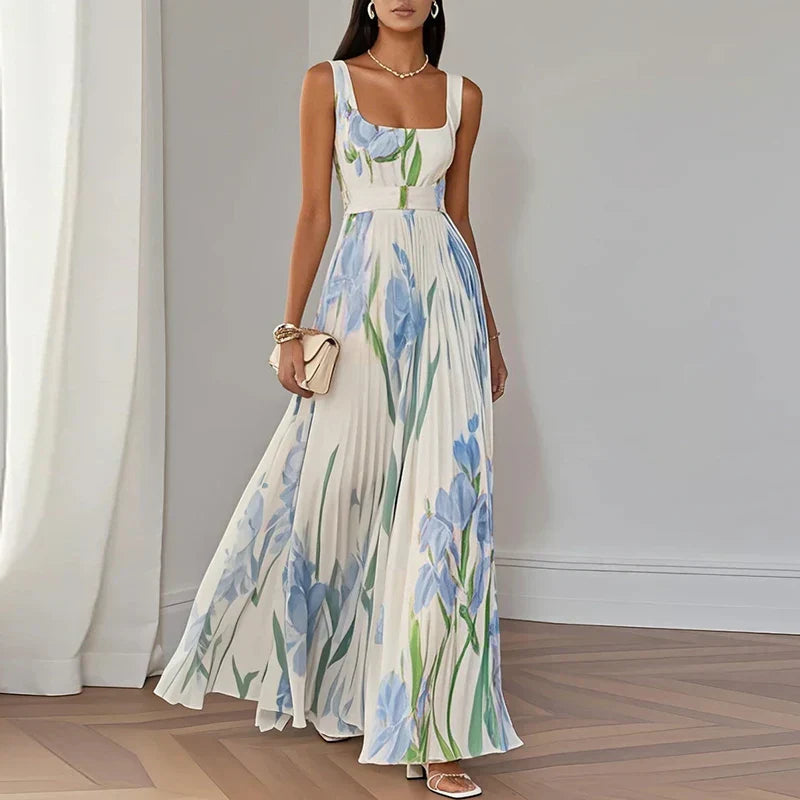Oriah Floral A-Line Maxi Dress - White & Blue