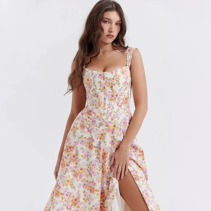 Mira Floral Midi Dress | Cotton, Corset-Inspired, High Slit, Wedding Guest & Summer Dresses