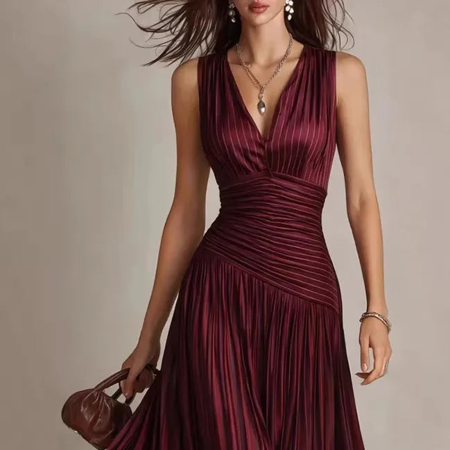 Cordelia | Pleated V-Neck Maxi Dress with Open Back