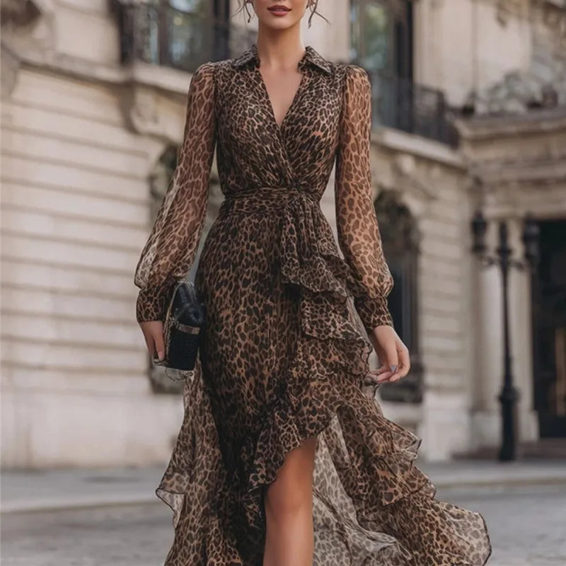 Savannah | Leopard Print Maxi Dress with Long Sleeves and High Waist