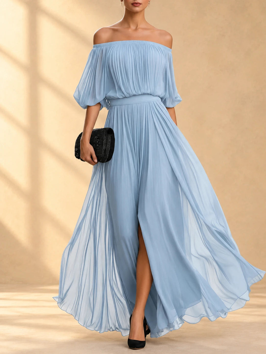 Genevieve | Off-Shoulder Chiffon Maxi Dress with Flowing Skirt