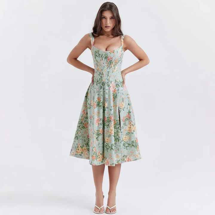 Mira Floral Midi Dress | Cotton, Corset-Inspired, High Slit, Wedding Guest & Summer Dresses