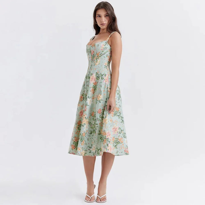Mira Floral Midi Dress | Cotton, Corset-Inspired, High Slit, Wedding Guest & Summer Dresses