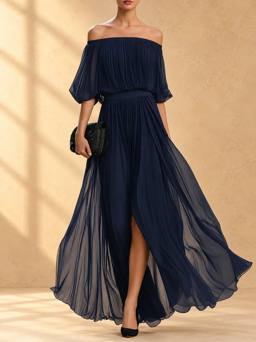 Genevieve | Off-Shoulder Chiffon Maxi Dress with Flowing Skirt