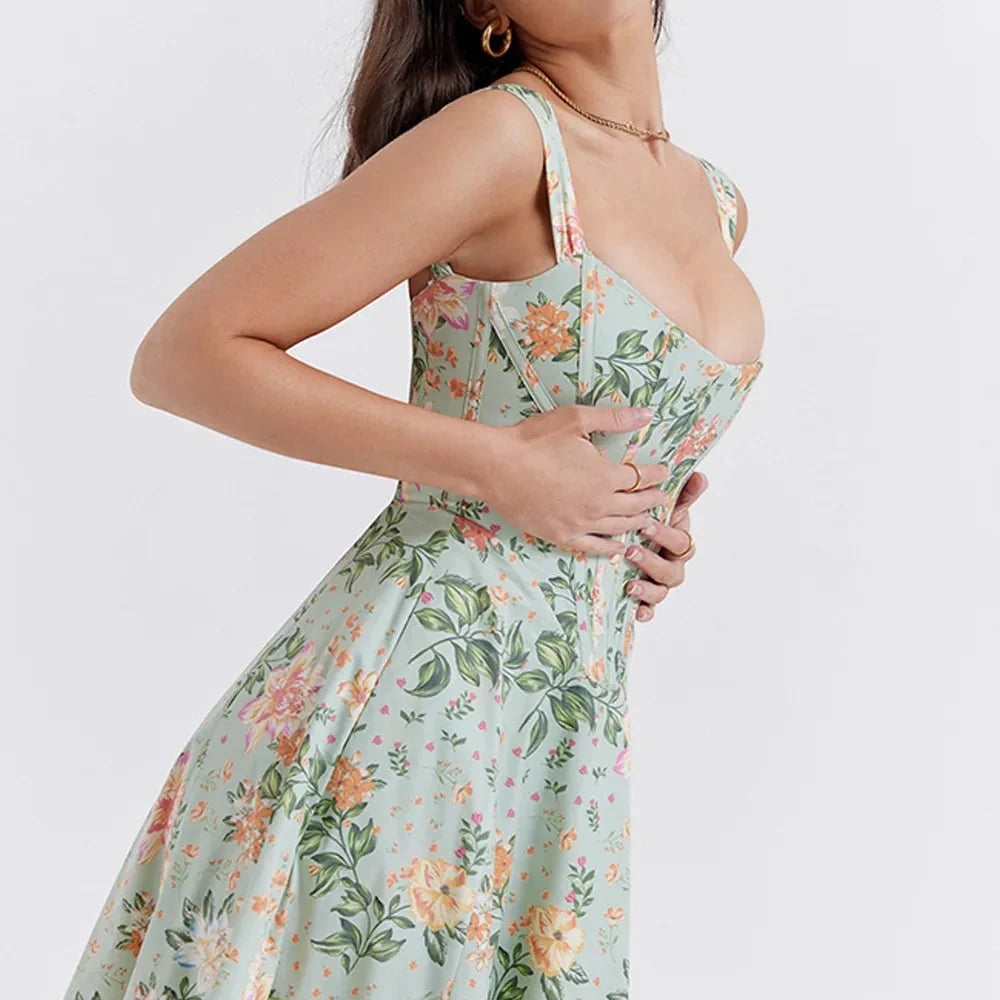 Mira Floral Midi Dress | Cotton, Corset-Inspired, High Slit, Wedding Guest & Summer Dresses