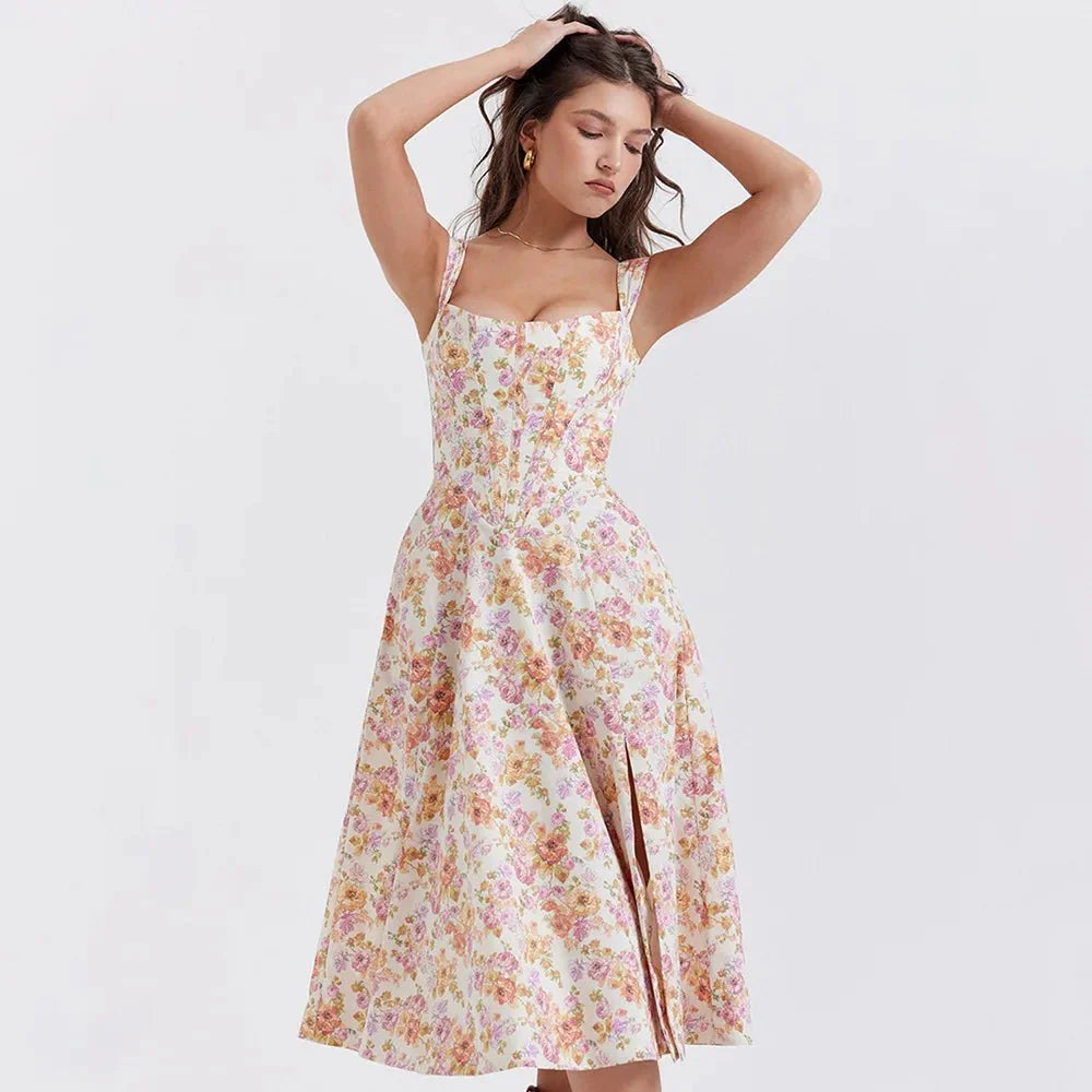 Mira Floral Midi Dress | Cotton, Corset-Inspired, High Slit, Wedding Guest & Summer Dresses