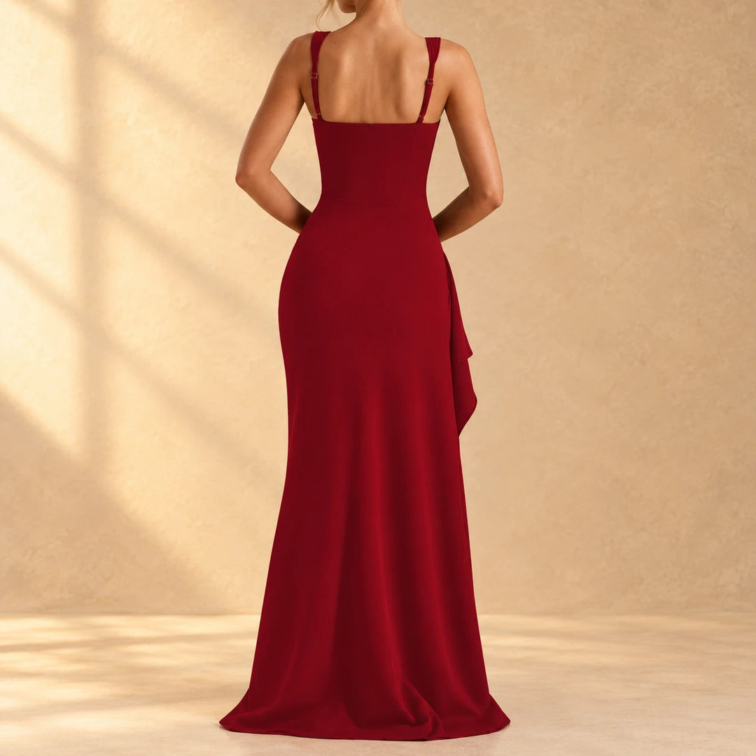 Anastasia | Bodycon Maxi Dress with Front Slit and Ruffle Trim