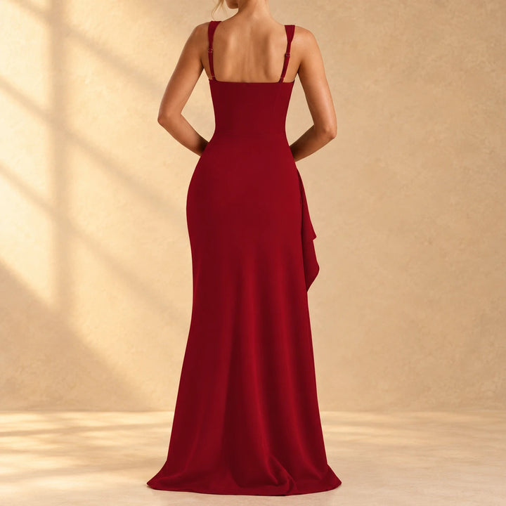 Anastasia | Bodycon Maxi Dress with Front Slit and Ruffle Trim