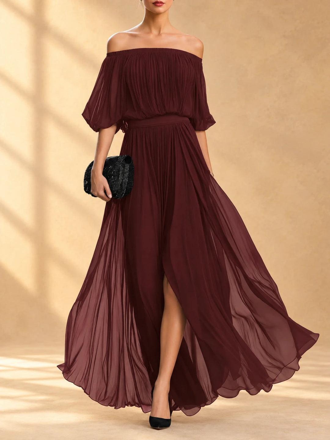 Genevieve | Off-Shoulder Chiffon Maxi Dress with Flowing Skirt